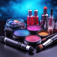a collection of makeup and cosmetics items on table with blue background 