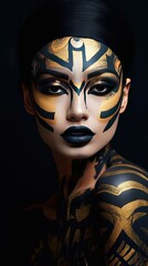 a woman with black and gold makeup 