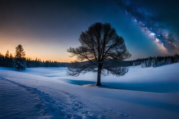 Snow covered trees at night with a moonlit sky.