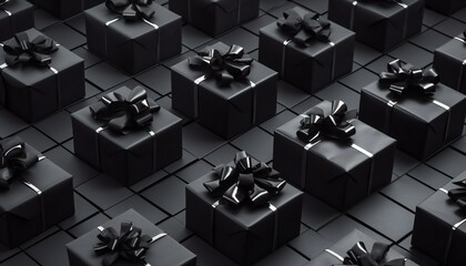 From above, black gift boxes with black bows for Black Friday