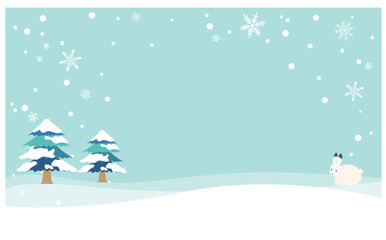 雪うさぎと雪の積もった針葉樹の背景フレームイラスト