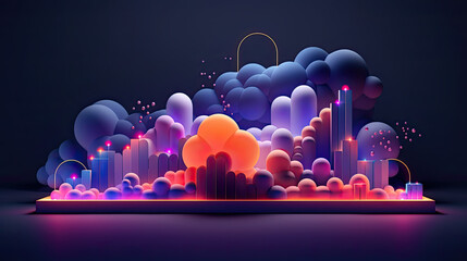3d render. Set of neon geometric shapes and colorful clouds. Abstract minimal background. Fantasy design elements