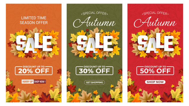 Autumn Sale Background 2023, set of abstract backgrounds with leave frame, autumn sale, vertical banner, posters, cover design templates, social media wallpaper stories
