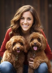 Happy female with two red-brown toy poodle dogs