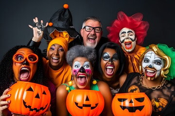A group of funny people of different ages and races wearing Halloween trick-or-treat costumes in studio. Generative AI