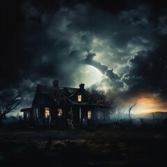 Dark atmospheric horror background. Haunted house. Dramatic sky, old, abandoned house, light in the windows. 3D illustration