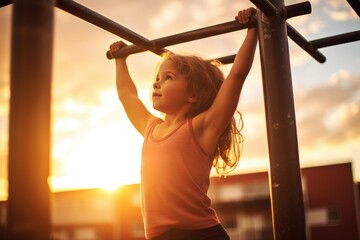 Child girl doing pull ups workout at the outdoors gym in a park. Kids healthy active lifestyle. 