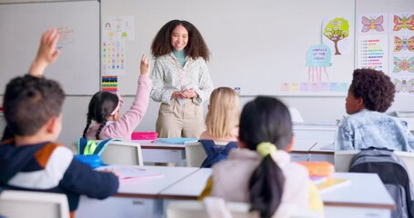 School, answer and teacher with students in classroom for learning, discussion and knowledge. Help, studying and hands raised with children and woman for why, education scholarship and questions