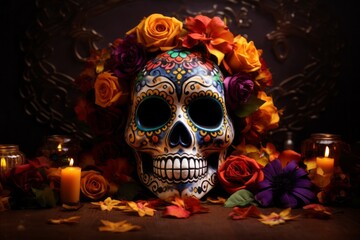Day of the Dead Sugar Skull and Ofrenda Amidst Flowers and Lights - obrazy, fototapety, plakaty