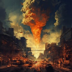 illustration painting of the moment the city was hit by a nuclear bomb, digital painting