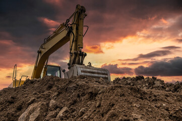 Excavator at a construction site at the end of the day