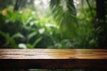 Empty wooden table in the rainy tropical forest with blurred background, Generative AI