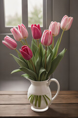Bouquet of pink tulips in a vase on a wooden table. 