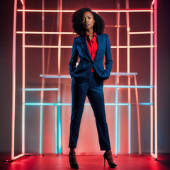 photo of smart african woman with business suit at neon mxied red and blue light sci fi background, generative AI