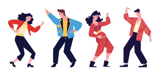 Happy joyful people dancing set. Having fun, rejoicing, dancing, fooling around with positive emotions. Cheerful young men and women. Flat vector illustration isolated on white background..