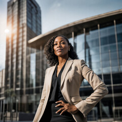 photo of smart african woman with black business suit at big modern city, generative AI