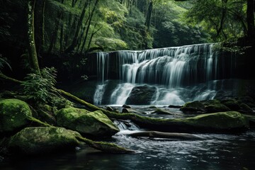 Fototapeta na wymiar Waterfall in a lush, green forest - Natural Beauty - AI Generated
