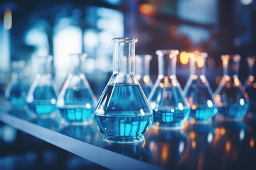 Laboratory with Test Tubes, Blurred Soft Focus Background - Lab Flasks, Ideal for Text Overlay - Science and Research - AI Generated