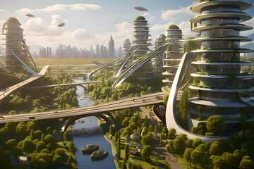 A utopian cityscape with sustainable architecture, green spaces, and flying taxis.