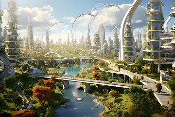 A utopian cityscape with sustainable architecture, green spaces, and flying taxis.
