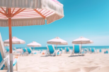 Obraz premium Sunny Beach with Parasols - Summer Vacation Retreat with Sun Umbrellas - Relaxing Hollyday Soft Focus Background - AI Generated