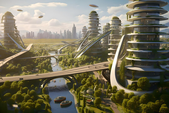 A utopian cityscape with sustainable architecture, green spaces, and flying taxis.