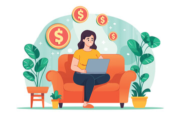 Fototapeta na wymiar Side Hustle. Woman earning money from couch at home. Female person sitting on sofa with laptop computer and dollar bills raining down. Vector illustration.
