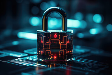 Padlock on a Cyber Neon Background, Password and Access Data,  Computer and Technology - Cybersecurity - AI Generated