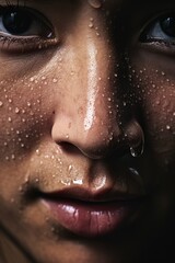 Extreme close-up of an asian woman with sweat on the face. Studio lightning, female professional sport person.