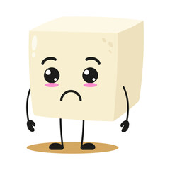Cute sad tofu character. Funny unhappy food cartoon emoticon in flat style. tofu vector illustration