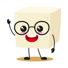 Cute happy tofu character wear eyeglasses. Smiling and greet food cartoon emoticon in flat style. tofu vector illustration