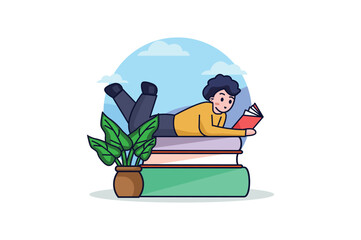 Boy is reading concept with people scene in the flat cartoon design. Design portraying a boy joyfully reading in a creatively illustrated world. Vector illustration.