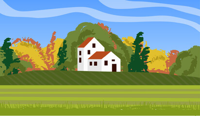 Autumn landscape with trees and house