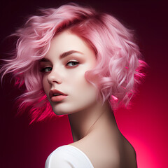 Fototapeta premium Portrait of a pretty Caucasian girl with pink hair on a pink background.