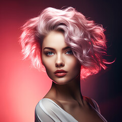 Close-up portrait of a young woman with pink hair and white skin on a pink background. Beauty concept