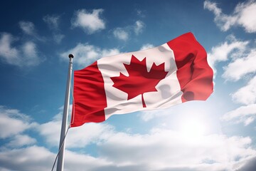 Canada flag flying on the blue sky, Generative AI