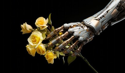 Close up of a robots hand holding a flower. Contrast between organic and mechanical