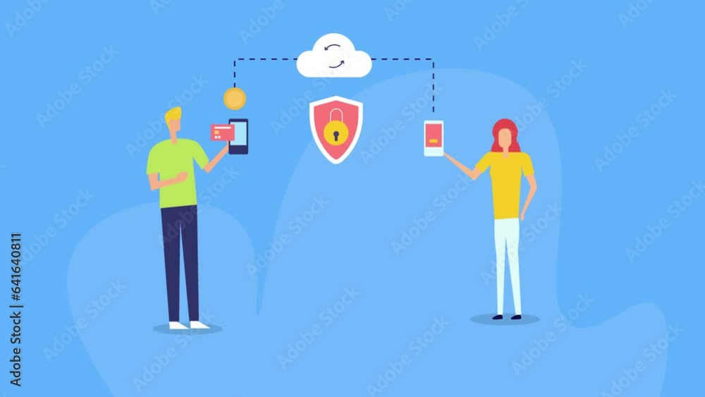 Poster man and woman holding smartphones, secure mobile payment sent and receive, cloud computing data secu