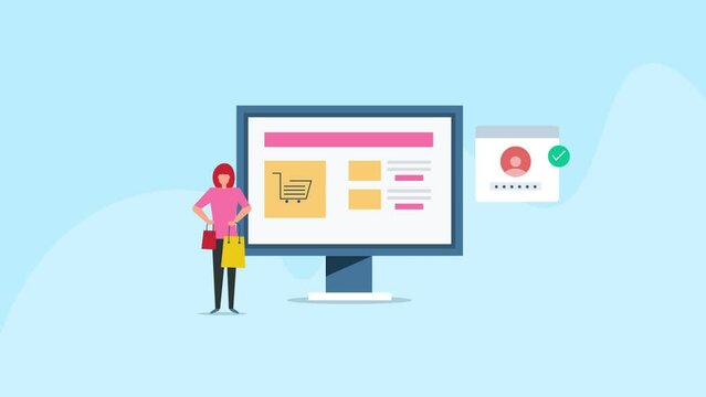 Woman with shopping bag near computer, ecommerce website on screen, secure checkout payment with login access, online shopping video animation concept 2d clip 4k resolution
