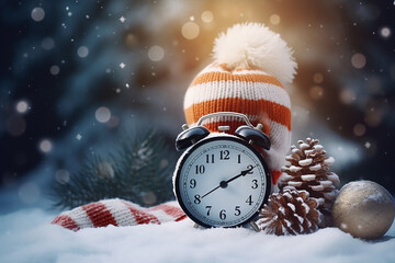 Alarm clock and Christmas decorations in the snow. New Year and Christmas concept. - obrazy, fototapety, plakaty
