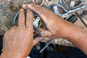 Repair of old electric motor, close up view