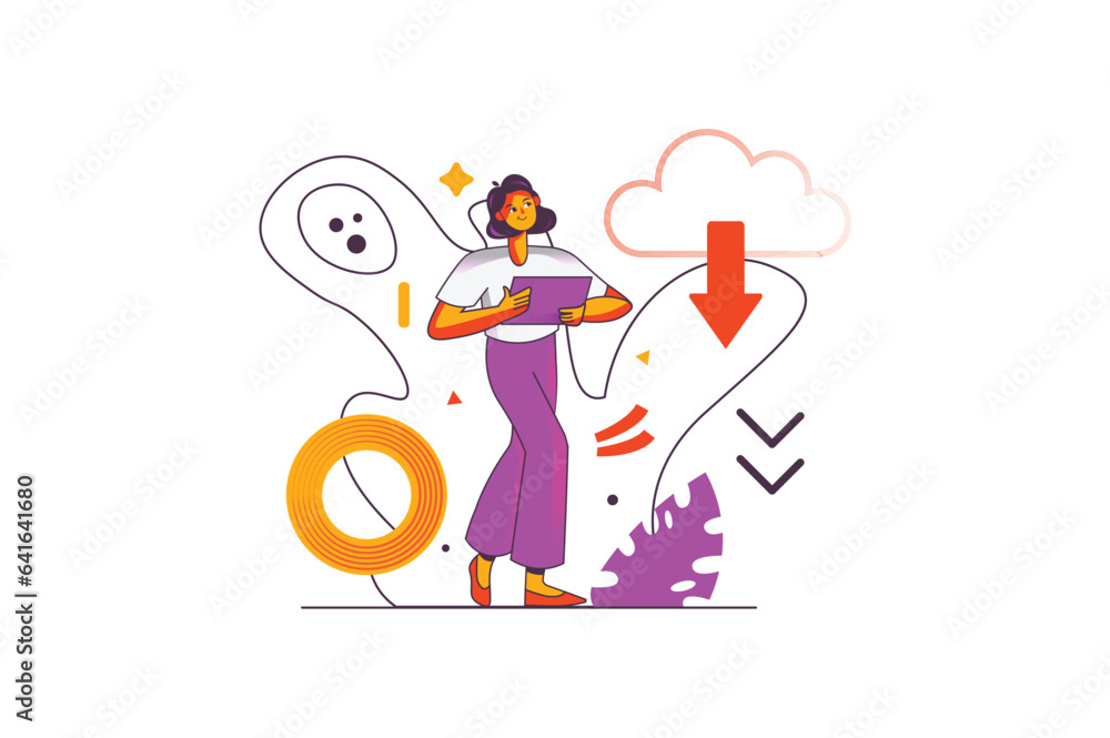 Poster concept download app with people scene in the flat cartoon style. a young user downloads new applica