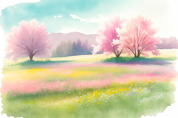 Flowers in the meadow, vintage watercolor paints. Generative AI