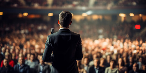 Back View of Motivational Speaker on Stage, Addressing Audience at Conference