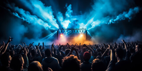 Fototapeta na wymiar Energetic Rock Concert Crowd Cheering Under Blue Lights