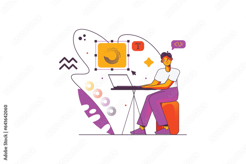 Poster web design concept with people scene in the flat cartoon design. a creative designer skillfully work