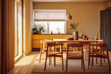 Modern design dining room with wooden table and chairs, aesthetically very pleasing, interior design