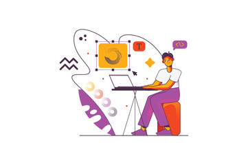 Web design concept with people scene in the flat cartoon design. A creative designer skillfully works on creating a stylish website for customers. Vector illustration.