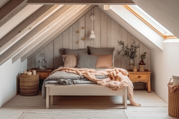 Small cozy bedroom with modern scandinavian design look, beautiful interior