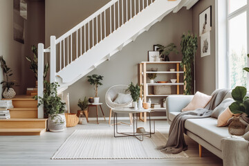 Small cozy living room with staircase, scandinavian interior design, beautiful living space - obrazy, fototapety, plakaty